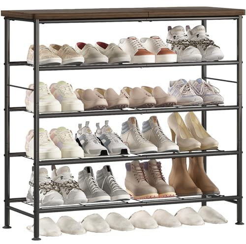 SUOERNUO Shoe Rack Organizer 5 Tier for Closet Entryway Free Standing Metal Storage Shoe Shelf with MDF Top Board，Black+Rustic Brown
