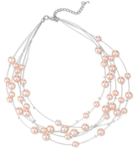 FULU AUTUMN Boho Perlenkette Damen Silber Statement Kette Mehrreihige Modeschmuck Geburtstagsgeschenk für Frauen(Pink)