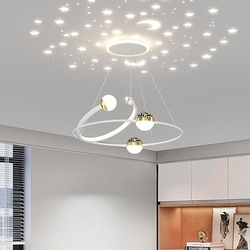 Bellastein Moderne LED Hängeleuchte Esstisch Sternenhimmel Pendelleuchte mit Fernbedienung Chic Ring Design Büro Kronleuchter Küchen Wohnzimmer Deckenleuchten Höhenverstellbar (L60cm, Weiß)