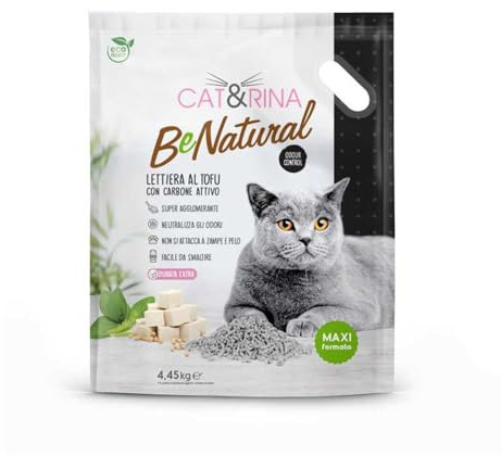 Cat&Rina BeNatural Tofu Katzenstreu, pflanzlich und stark klumpend. Biologisch abbaubar und in der Toilette entsorgbar. Bis zu 60 Tage Gebrauch. Maxi-Format Aktivhole, 10L.