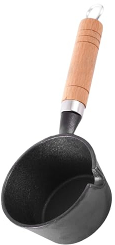 Sturdy Cast Iron Mini Butter Melting Pot with Wooden Handle, Dripless Spout for Omelette Fry Pan, Soup, Milk