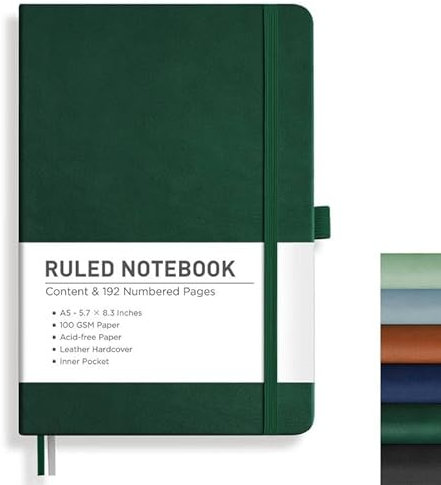 RETTACY Notizbuch Liniert A5, Journal Tagebuch mit 192 nummerierten Seiten,100gsm Notizbücher, Innentasche, Hardcover Buch für Büro Schule Arbeit Frauen Männer, 14.8 x 21cm - Dunkelgrün