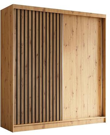 Margaret Hadas24 Kleiderschrank Erika mit Lamellen ohne Spiegel, Organizer, Mehrzweckschrank, Schwebetürenschrank, Garderobenschrank, Kleiderstange, Kleiderständer, Flurschrank, 200 cm, braun, schwarz