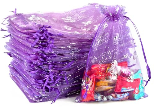 MAOOY 100 Stück 15X20cm kleine lila Organzasäckchen mit Silberprägung und Kordelzug - Säckchen zum befüllen, Geschenktüten und Schmuckbeutel, ideal für Weihnachten, Hochzeit, Geburtstag Party