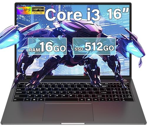 Ordinateur Portable 16 Pouces Core i3-1000NG4 (jusqu'à 3,2 GHz),16+512Go SSD Soutien Extension 1TB,PC Portable Win11 avec Double WiFi 1920x1200 BT4.2 Souris sans Fil&AZERTY Clavier Couverture-Gris
