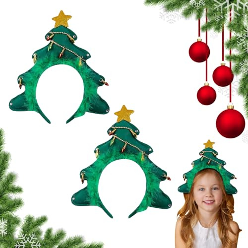 2 Pièces Bandeaux de Noël Arbre de Noël Cerceaux de Cheveux de Noël à Thème Couronne Vert Bandeau Décoratif avec Ampoules Décoratives Serre-Têtes Accessoire de Noël pour Femmes Filles Costumes de Fête