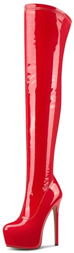 NobleOnly Mujer Alto High Aguja Heel Redonda Punta Plataforma Sobre la Rodilla Botas Cremallera Baile Fiesta Botas 15 CM Heels Rojo 40 EU