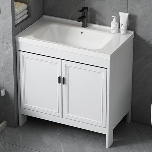 HARELA Lavatoio con Mobile, Lavabo da Ceramica con Rubinetto Dell'Acqua Calda e Fredda, Lavandino A Libera Installazione In Vasca Singola, per Bagno, WC, Lavanderia(61x40cm/24x15.7in)