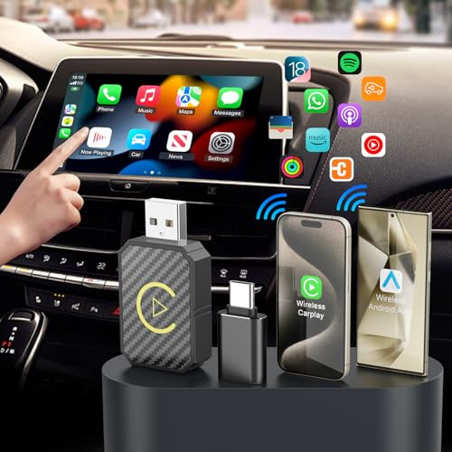 Mini Wireless CarPlay & Android Auto Adapter, 2-in-1 Wireless Dongle for iPhone IOS 10+/Android 11+, USB-C/USB