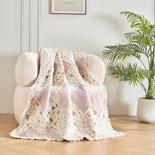 DaDalogy Cotton Patchwork Throw Blanket - Floral Cottage Quilted Reversible Blush Pink & Cream Shabby Chic Botanical Ruffle Design - Vintage Garden Rose Pastel Accents - 50 x 60
