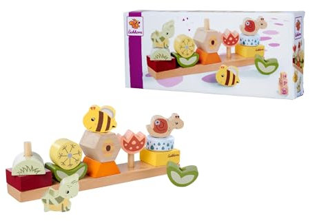 Eichhorn – Steckspiel Blumenleiste mit 13 einzigartigen Tier und Blumen Bausteinen zum Aufstecken, motorische Fähigkeiten fördern, Länge: 26 cm, aus 100% FSC zertifiziertem Buchenholz, ab 2 Jahren