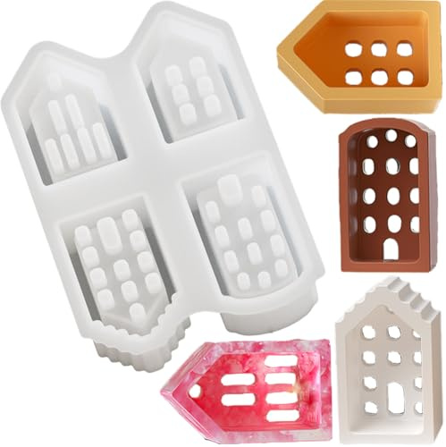Silikonformen Gießformen Häuser, WINOK 4 Stück Giessformen Silikonformen Haus, Mini-Gießformen für DIY Handwerk, Gips, Beton, Kerzen, Weihnachtshandwerk