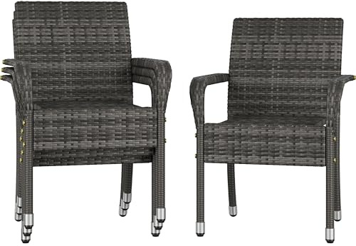 Abician Lot de 4 Chaises de Jardin en Rotin Synthétique Fauteuils Empilables d'Extérieur avec Accoudoirs Cadre en Métal Terrasse Véranda Balcon Salon Salle à Manger Gris