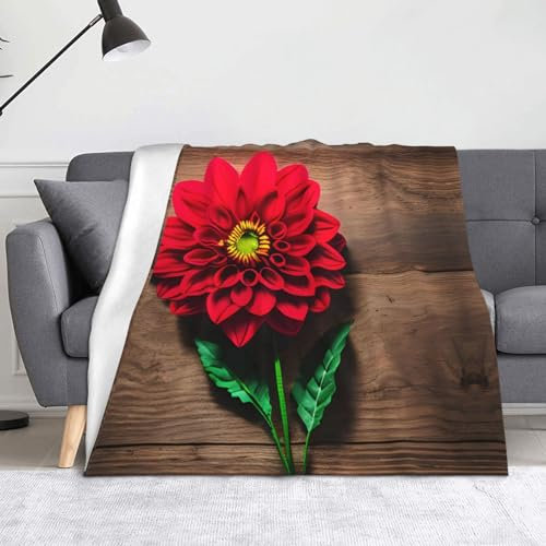 Holzbrett, Retro-Blume, roter Dahlien-Druck, gemütlich, weich, warm, 127 x 152,4 cm, leichte Decke für Camping, Reisen