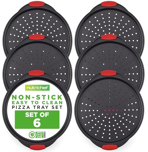 Nutrichef Non-Stick Pizza Tray with Silicone Handles, 6-Pack Round Steel Non-Stick Pans with Perforated Holes, Premium Bakeware, Pizza Trays with Silicone and Oversized Handles, Dishwasher Safe