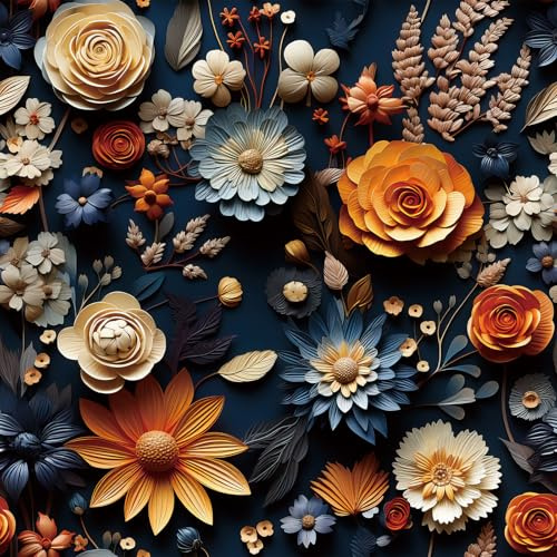 FunStick Tapete Dunkelblau Blumen Schlafzimmer Wandtapete 3D Effekt Orange Folie Selbstklebend Blumen Klebefolie Wand Wohnzimmer Marineblau Beige Gänseblümchen Rose Mustertapete 3D Effekt 44.5CMx3M