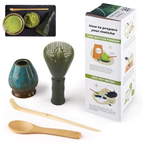 Kit Matcha 4 Piezas, Kit Matcha, Incluye Batidor Matcha de Resina, Cuchara Tradicional, Cuchara para Té, Soporte para Batidor Matcha, el Set Perfecto Para Preparar Una Taza, Azul degradado