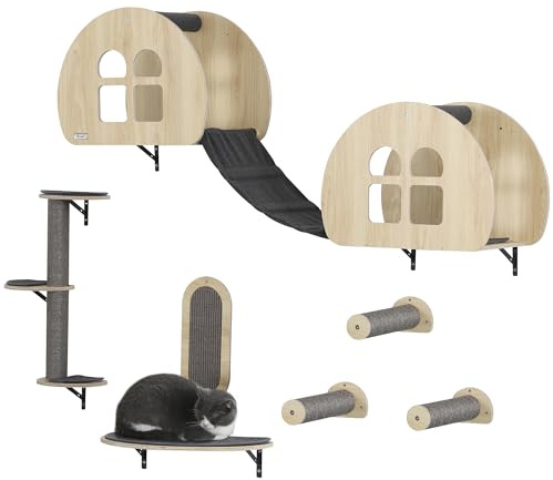 PawHut Kletterwand Katzen 7-teilig Katzenkletterwand Set mit Sisalpfostenleiter Plattform Katzen Wandelemente mit Kratzbrett Höhle Katzenwandmöbel Set für Klettern Spielen Schlafen bis 5 kg Grau+Eiche