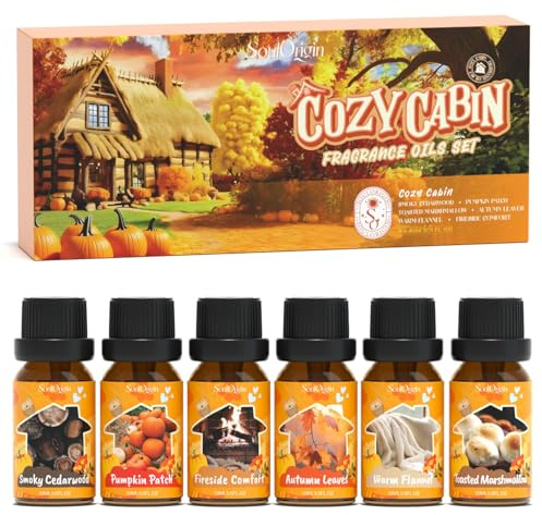 SoulOrigin Herbst gemütliche Kabine ätherische Öle Set, Duftöl für Diffusor, Verwendung für Seifenkerze Herstellung-rauchiges Zedernholz, gebratene Marshmallows, warme Flannel, Herbstblätter