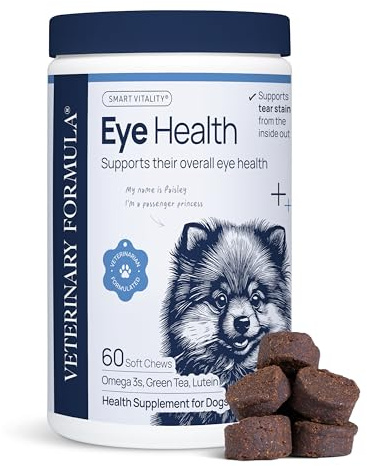 Veterinary Formula Eye Health Supplement for Dogs – Vet-Formulated Tear Stain Chews with Omega 3, Lutein & Cranberry – Smart Vitality Supports Eye Moisture, Stain Reduction & Immunity, 60 Soft Chews