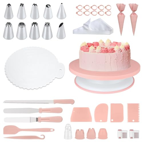 Kit d'accessoires de cuisson pour gâteaux - Kit de pâtisserie professionnel - Avec plaque tournante de 20,3 cm - 100 poches à douille jetables - Coupe-gâteau - En acier inoxydable - Pour adultes et