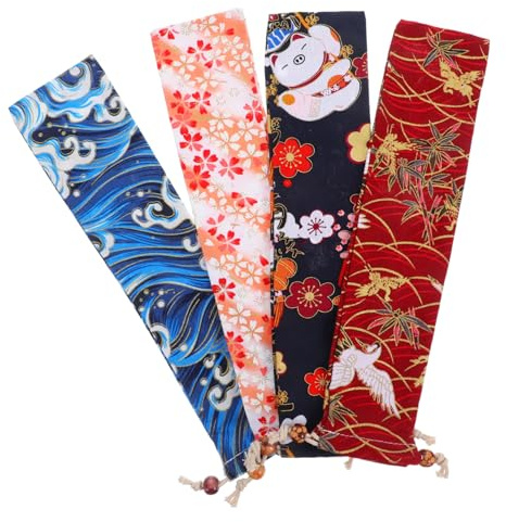 FUNNETOYU Lot de 4 Housses à Cordon pour Éventail Pliant Rétro, Pochette en Tissu Léger Multifonction, Étui à Paille et Porte-éventail Chinois, Paquet de Rangement Voyage et Présent