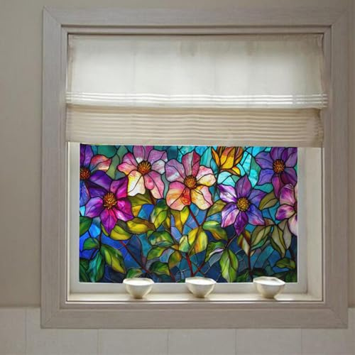 Vinilos para Cristales Coloridas Flores Púrpuras Vinilo Adhesivo Cristal Translucido Vinilo Opaco para Ventanas Anti Sol Window Film Anti Mirada Pegatina Cristal Privacidad Dormitorio 40x60cm/1 Pcs