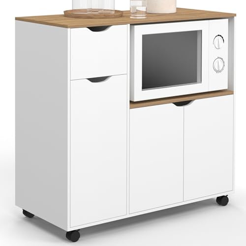 IDMarket - Carro de cocina COSI XXL para microondas con armario, cajón de madera en color blanco y bandejas estilo haya. L.90 CM