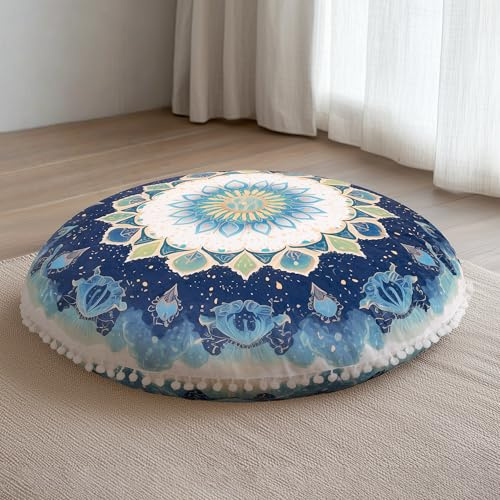 DAWNYIELD Meditationskissen für den Boden, Runde Sitzkissen, Grün | Sitzkissen mit waschbarem und abnehmbarem Bezug, 80 cm Ergonomisches Yogakissen mit Pompon-Dekor, Innen- und Außenbereich