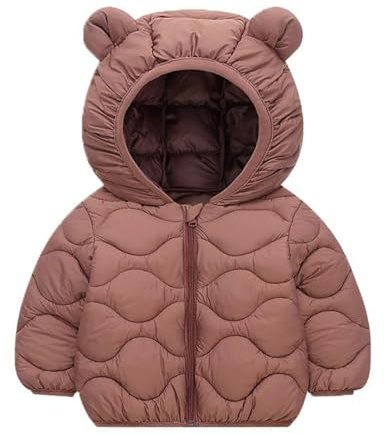 OBiQuzz Giacca invernale per bambini, trapuntata, calda piumino, con orecchie d'orso, tinta unita, per le mezze stagioni, con chiusura lampo, giacca con cappuccio, leggera, classica, per casual, caffè