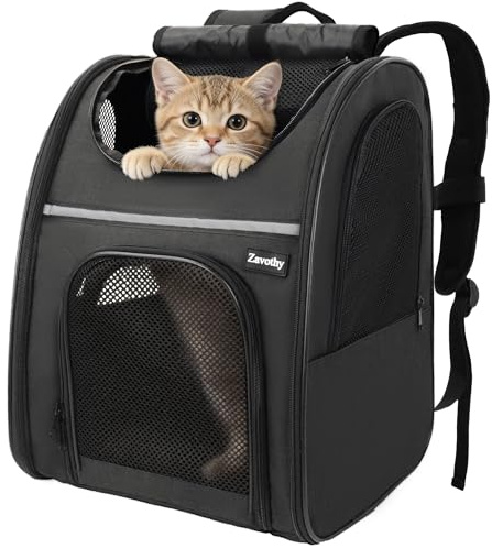 Zavothy Zaino per Cani e Gatti, Zainetto Trasportino Portatile e Pieghevole, con Finestra a Rete e Supporto Imbottito per la Schiena, Traspirante, Carico Massimo 8kg (Nero)