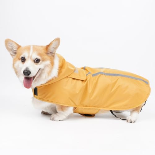 Regenmantel Hund, Hunderegenmantel Wasserdicht Reflektierende Jacke Für Haustiermäntel, Regenjacke Hund Für Haustiere Mit Verstecktem Zugseil/Reflexstreifen/Kapuzenpullover (Gelb, L)