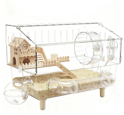 Hamsterkäfig | Haus mit 2 Etagen, transparent für Chinchilla, Käfig aus Acryl, 45 x 28 x 34 cm, für kleine Tiere, für Rennmäuse und Chinchilla, kleine Haustiere, Aufzucht im Innenbereich