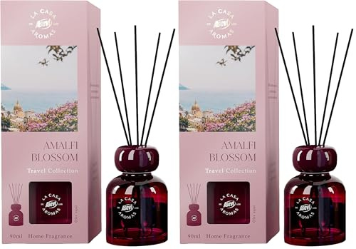 Ambientador ASEVI Mikado Amalfi Blossom - Travel Collection - Difusor de Varillas 90 ml - Inspirado en la Costa Italiana - Fragancia Floral Intensa - Diseño Elegante para el Hogar (Paquete de 2)