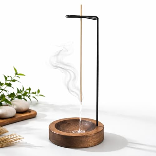 Upside Down Incense Stick Holder with Ash Catcher Bowl, Wooden and Metal Hanging Incense Burner, Clean Ash Collecting Design for Meditation, Yoga, Home, Office and Relaxation Spaces