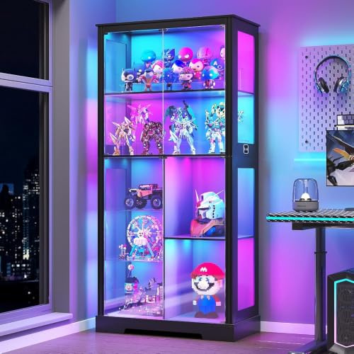 Gurexl RGB Glass Display Cabinets with Dynamic Lights and Human Sensor,70.9” Storage Bar Cabinet with Lockable Glass Door,Floor Display with 4 Glass Shelves for Living Room,Curio,Building Blocks,Black