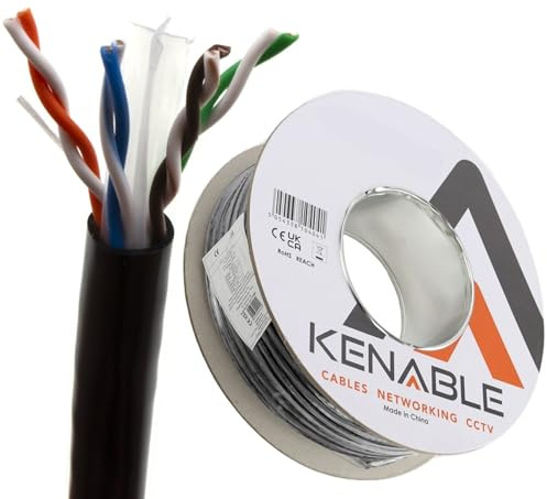 kenable Cable de Red Ethernet CAT6 Exterior COBRE UTP Bobina Uso Exterior Interior 100 m [100 metros/100m] Negro