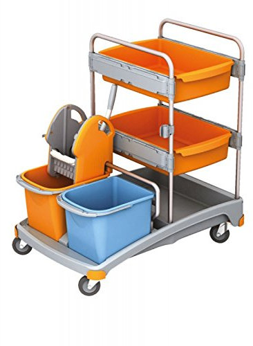 Splast Reinigungstrolley-Set mit Moppresse, 2 Eimern, 2 Fächern und Ablagefläche