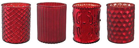 Unbekannt Glas- TEELICHT mit DEKOR ca 10 cm. 4 STÜCK. Teelichtglas teilw. verspiegelt. ROT -01