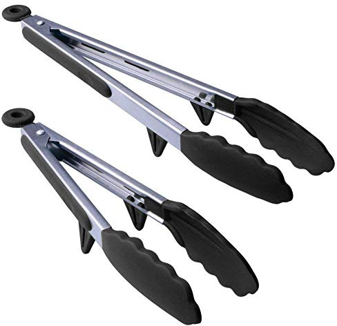 Pince cuisine pince barbecue.Pince professionnelle en INOX et silicone alimentaire sans BPA, antidérapant, Support, Auto verrouillage. Lot de 2 pinces(23cm &30,5cm)