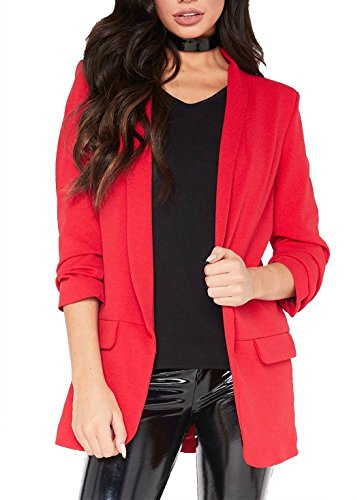 GirlzWalk Women's Ladies 3/4 Sleeve Coat Ruffle Frill Open Front Blazer Jacket Duster (Red, SM 8-10)
