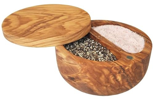Naturally Med Olive Wood Salt Keeper/Salt and Pepper Keeper. 2 section. Salt and pepper cellar. Magnetic, swivel lid.