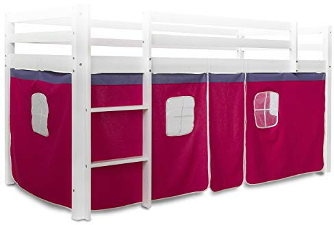 Homestyle4u 1519 Bettvorhang für Hochbett, Baumwolle, Pink Magenta | 3-teilige Bettumrandung für Kinderhochbetten 90x200 cm, mit Fenstern zum Anbinden, 100 % Baumwolle, Höhe 75 cm