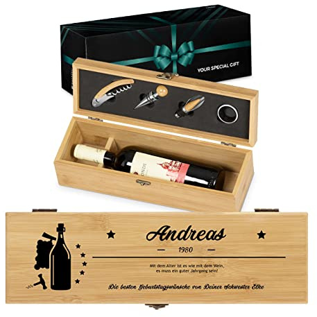 Maverton Wein Geschenkbox für 0,7L Weinflasche + Aufdruck + 4er Weinzubehör - Weinset aus Bambus - 36x11x11,5cm - Braun - Geschenk zum Geburtstag für Herren - Sterne