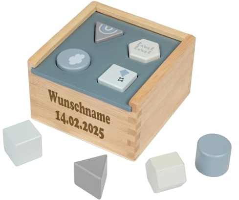 Elefantasie Formenspiel Sortierbox aus Holz blau personalisierbar mit Name und Datum Baby Geschenk mit Gravur