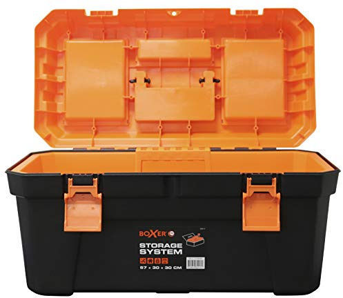 BOXER® Werkzeugkasten leer Kunststoff 22,5 (57,2x30x29,5 cm) – Werkzeugkiste leer Kunststoff mit Sortimentsfach & Einsatz – stabile Toolbox aus PP schwarz/orange