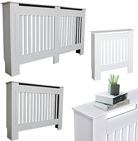Large Tall Radiator Cover with Vertical Style Slats, Modern Home Cabinet Living Room Furniture MDF Wooden Heating Storage Grill White Painted Hallway Radiator Cover Sideboard, 152cm x 19cm x 82cm