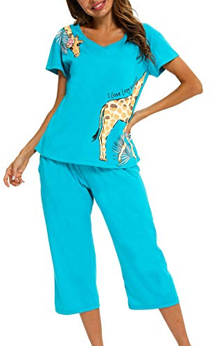 ENJOYNIGHT Ensemble de pyjama 2 pièces en coton pour femme avec haut à manches courtes et pantalon capri