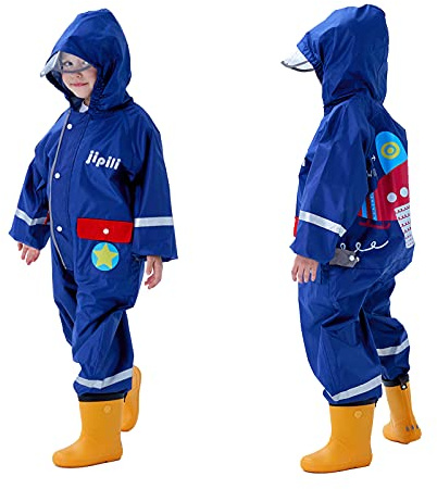Domueay Rainsuit Children Boys Waterproof Rain Puddle Suit All in One Hooded Breathable Easy Dry Raincoat Lightweight Rainwear Outdoor School Onesie Muddy Suit for Kids 2-4 years, Navy Blue Airplane