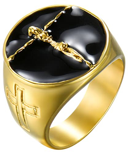 JewelryWe Schmuck Herren-Ring Edelstahl Retro Christian Jesus Christus Kreuz Ring Siegelring Religiöser Männer Band Bandring Gravur, Silber Gold Schwarz Größe 57 bis 70